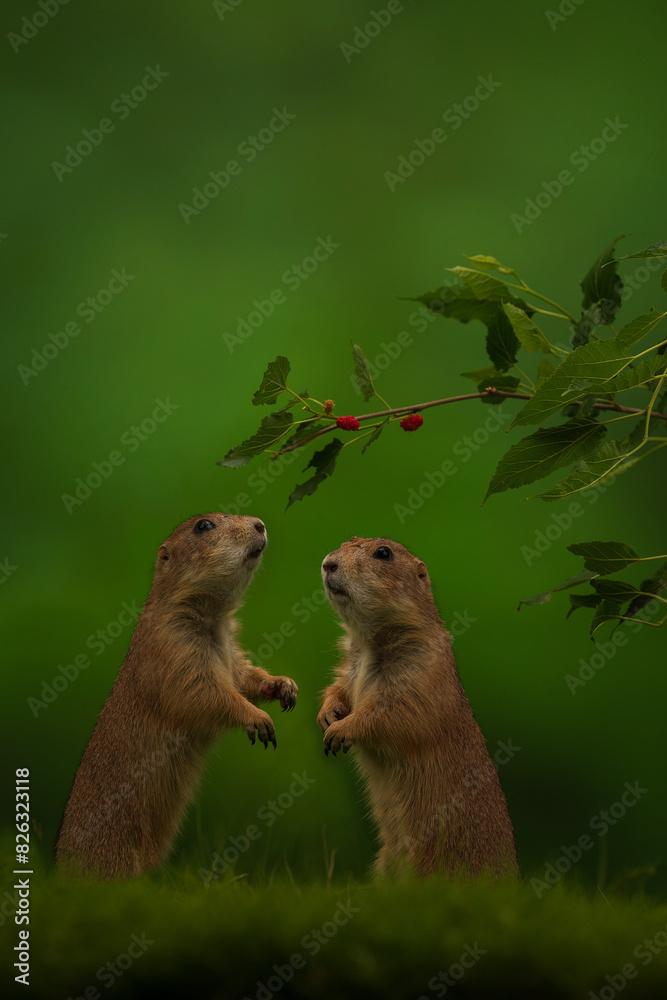 Fototapeta premium Vertical closeup of two Prairie Dogs on green grass