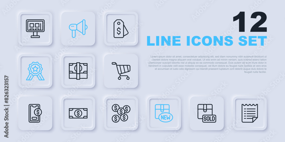 Set line Sold, Wish list template, Stacks paper money cash, New collection, Stars rating, Megaphone and Dollar symbol icon. Vector Set line Sold, Wish list template, Stacks paper money cash, New collection, Stars rating, Megaphone and Dollar symbol icon. Vector