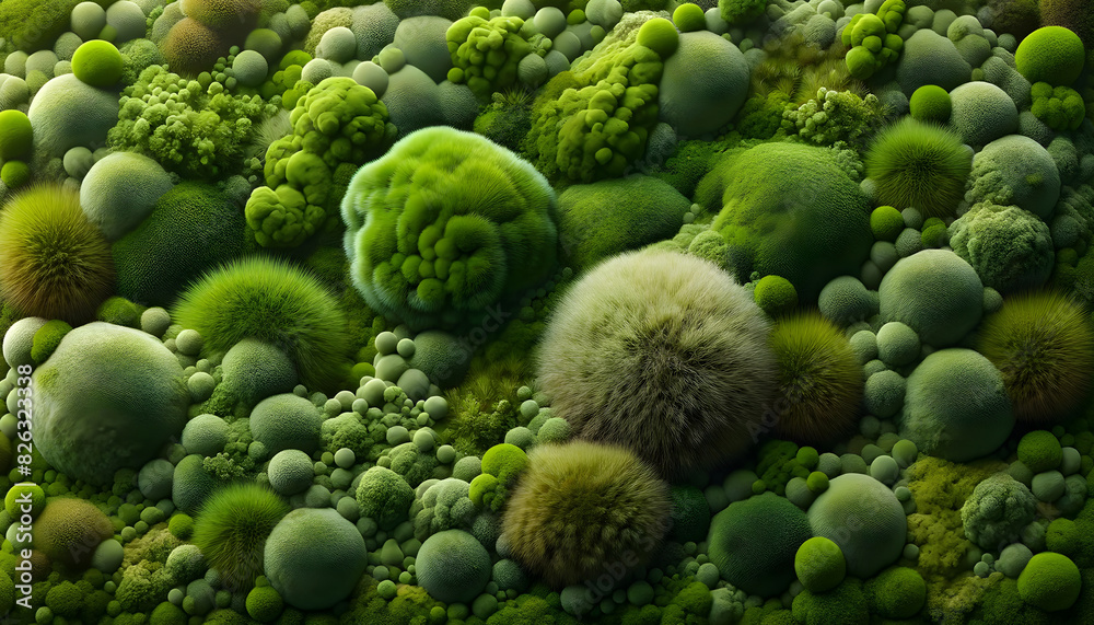 Dieses Bild zeigt eine vielfältige Sammlung von Moos- und Pflanzengruppen in verschiedenen Grüntönen, die eine texturreiche und natürliche Landschaft darstellen. Ideal für Natur- und Landschaftsthemen