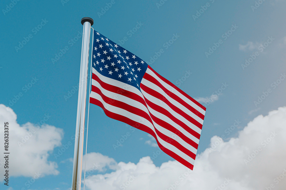 United States of America flag is Flying in the Sky 3d illustration image.