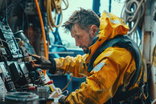 A man in a yellow jacket working on a boat. Suitable for marine, fishing, or outdoor activities photo