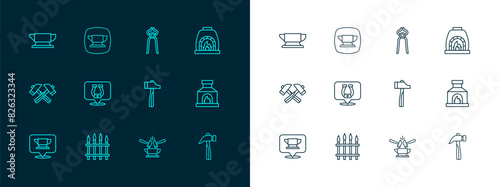 Set line Blacksmith oven, Classic iron fence, Hammer, Anvil and hammer, Horseshoe, pliers tool, anvil and icon. Vector