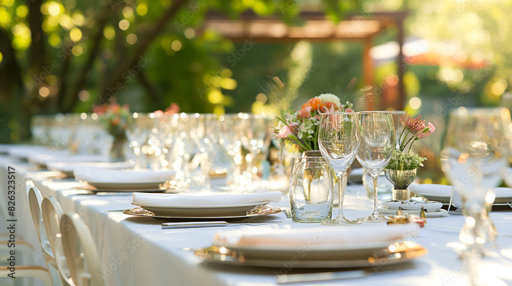 © nopommajun - An outdoor event setup with a long table elegantly arranged with plates, glasses, and flowers