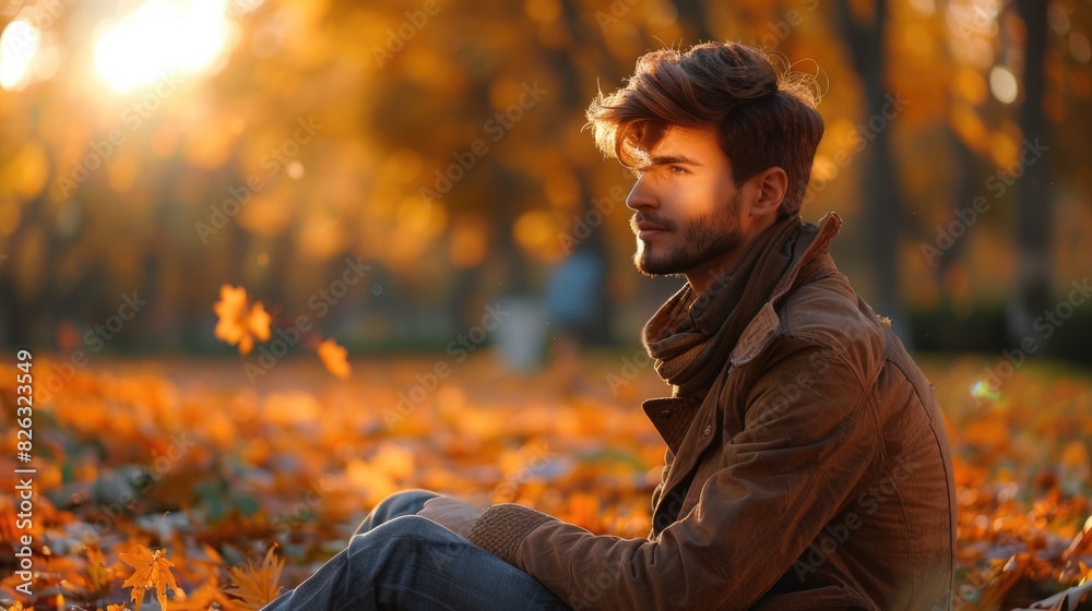 Fototapeta premium A man sitting in a field of fallen leaves, perfect for autumn-themed designs