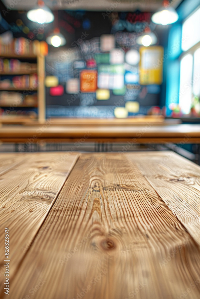 A wooden desk in the foreground with a blurred background of a classroom. The background features student desks, a chalkboard or whiteboard, educational posters on the walls, and shelves. A wooden desk in the foreground with a blurred background of a classroom. The background features student desks, a chalkboard or whiteboard, educational posters on the walls, and shelves.