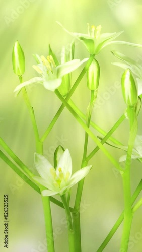 closeup time lapse of blooming and growing flower with zoom in and sunbeam animation isolated on blurred green spring background, symbol for growth, Star of Betlehem flower photo