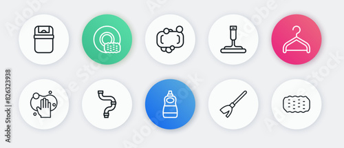 Set line Dishwashing liquid bottle, Hanger wardrobe, Sponge, Handle broom, Rubber cleaner for windows, Bar of soap, and Industry metallic pipe icon. Vector