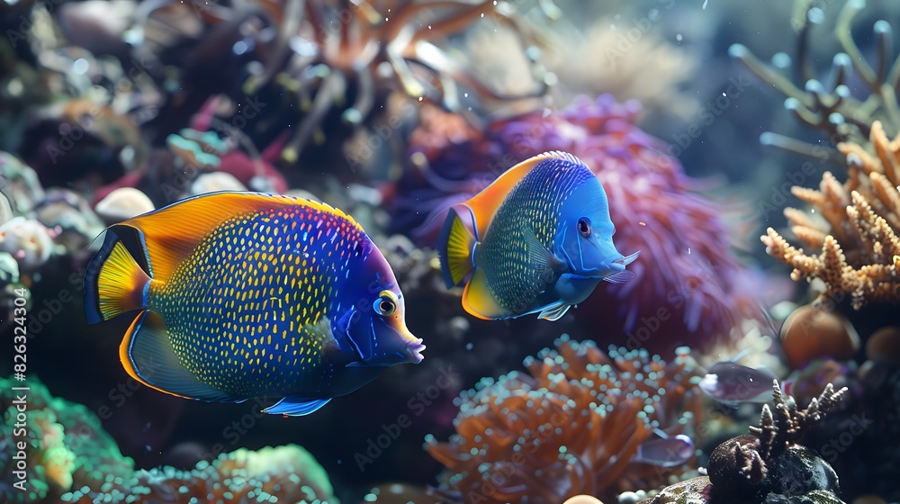 Two colorful fish are swimming in the sea, surrounded by corals and other marine life.
Two colorful fish are swimming in the sea, surrounded by corals and other marine life.