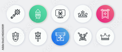 Set line Crusade, Medieval flag, King with crown, Skull sword, helmet, and icon. Vector