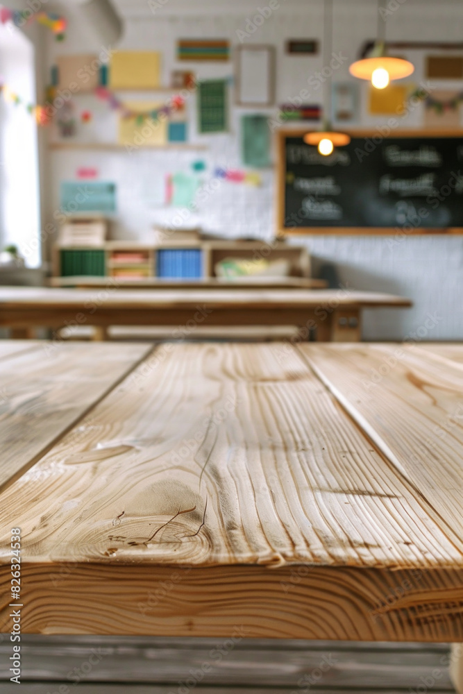 Fototapeta premium A wooden desk in the foreground with a blurred background of a classroom. The background features student desks, a chalkboard or whiteboard, educational posters on the walls, and shelves.
