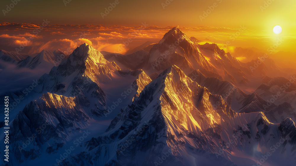 Majestic Mountain Peaks Under Golden Sunrise. Majestic Mountain Peaks Under Golden Sunrise.