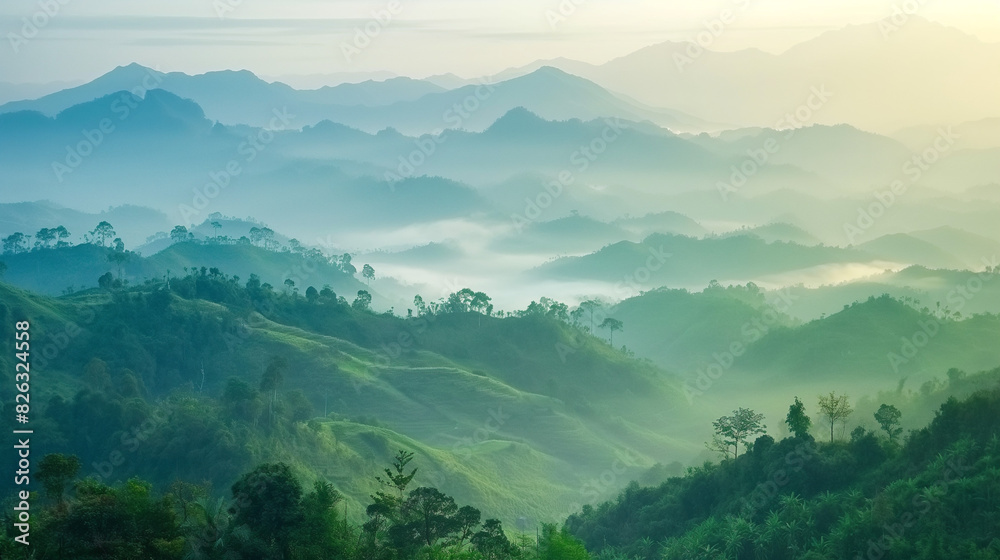Misty mountain landscape in green and blue hues, nature background Misty mountain landscape in green and blue hues, nature background