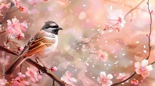 whiteheaded bulbul perched on cherry blossom branch beautiful bird and pink sakura flowers illustration digital painting photo