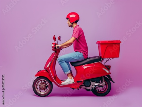 A delivery person in a red helmet and pink shirt rides a red scooter with a delivery box  set against a pink background.