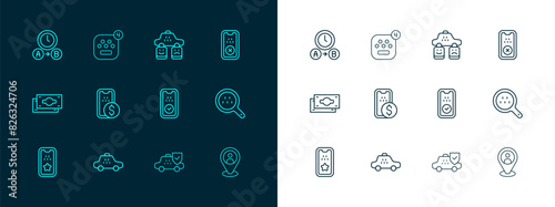 Set line Taxi mobile app, car, insurance, Mobile banking, service rating, waiting time and icon. Vector