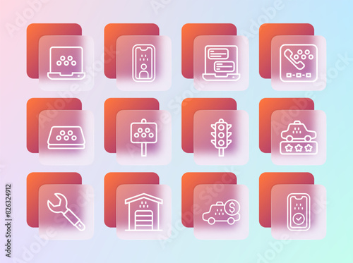 Set line Taxi call telephone service, Garage for taxi car, Traffic light, Taximeter device, Road sign stand, mobile app, and driver license icon. Vector