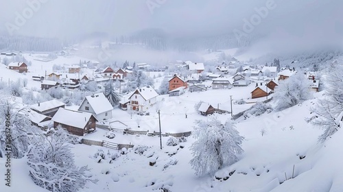 winters tranquil embrace a serene village blanketed in snow captured in a breathtaking panoramic photograph © furyon