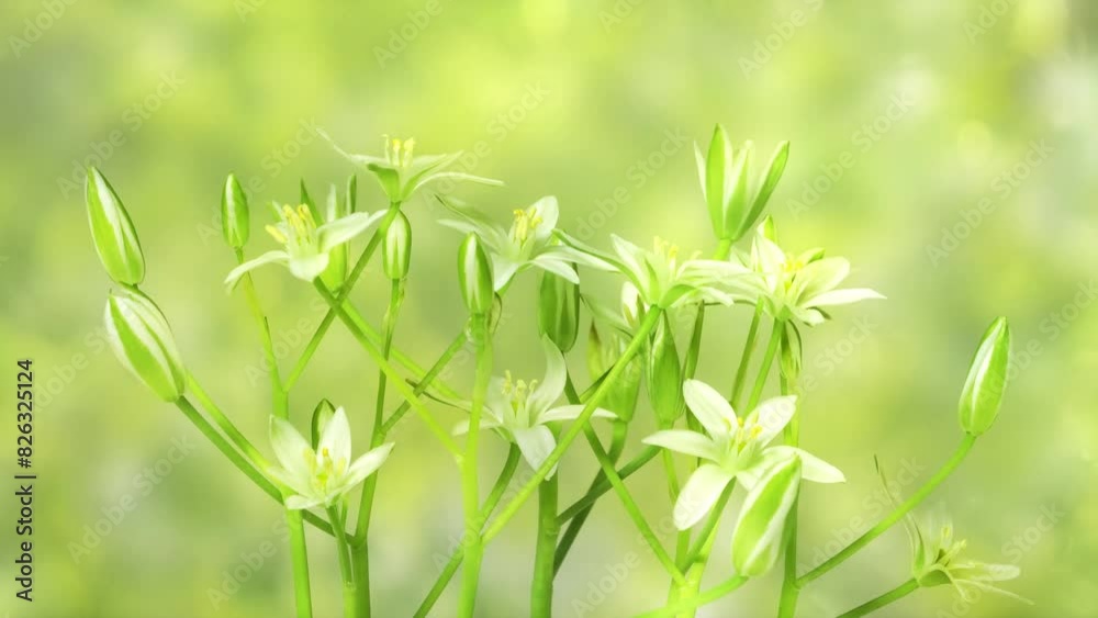 closeup time lapse of bloming white flower with zoom in isolated on blurred bokeh lights from real leaves in wind, sunny nature scene on green spring garden background closeup time lapse of bloming white flower with zoom in isolated on blurred bokeh lights from real leaves in wind, sunny nature scene on green spring garden background