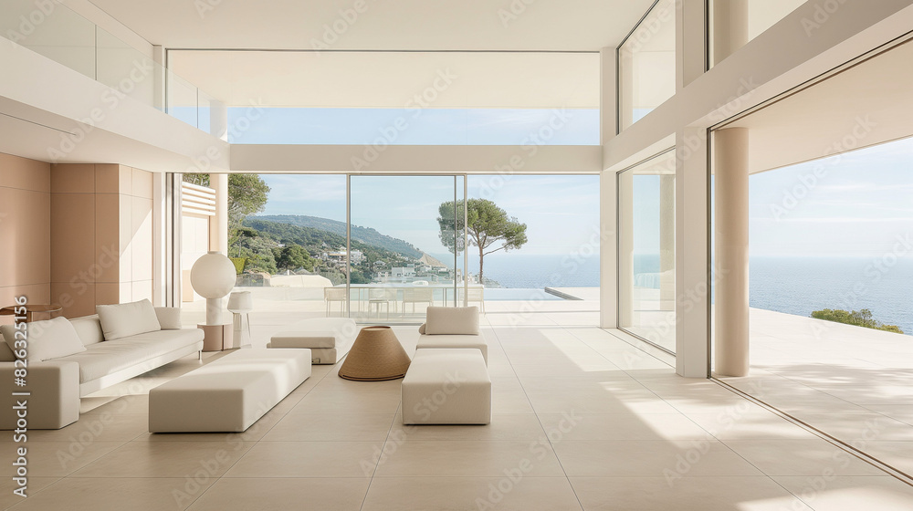 Fototapeta premium White minimalist interior overlooking the ocean