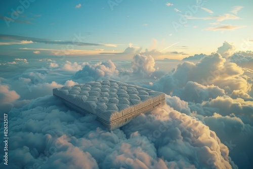 A mattress floating in the sky, ideal for dreamy concepts photo