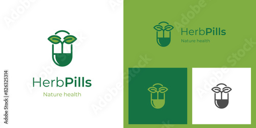 Herbal capsule pill with leaf logo design, traditional medicine drug logo icon design