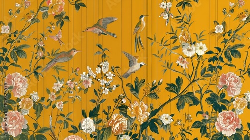  A painting featuring birds and flowers against a yellow backdrop, adorned with vertical stripes at its center