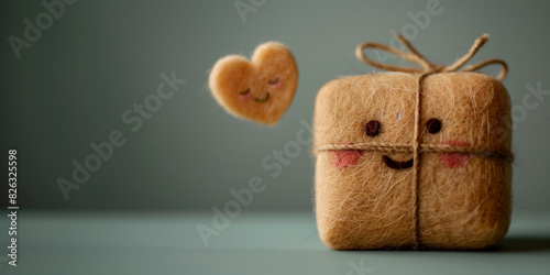 Felted parcel with a cute Kawaii smiling face and a beige heart with copy space