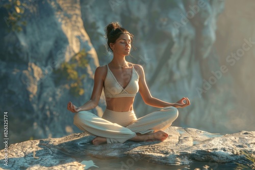 Woman sitting in lotus position on a rock, suitable for wellness and mindfulness concepts