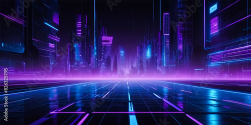 Futuristic background and digital grid pattern with neon blue and purple on a dark background