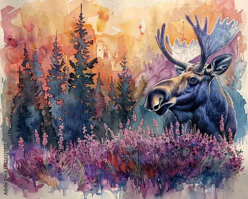A moose with heather, captured in a majestic watercolor style