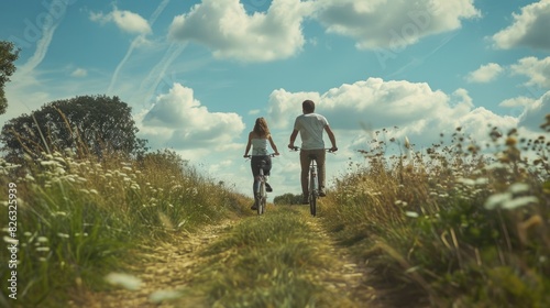 A man and a woman riding bikes down a dirt road. Suitable for outdoor activities promotion © Fotograf