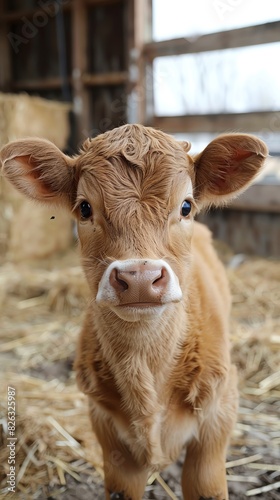 A young calf standing in a pen, curiously looking at the camera The background includes a clean, well-maintained barn with hay bales and farming equipment