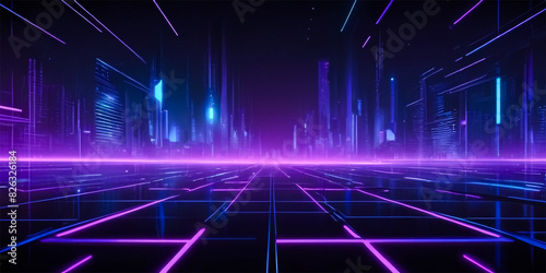 Futuristic background and digital grid pattern with neon blue and purple on a dark background