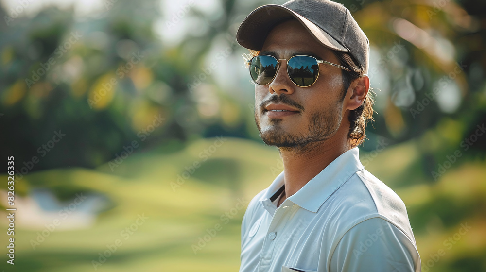 portrait of young handsome male golf player in a golf course, high society lifestyle, expensive and exclusive sports portrait of young handsome male golf player in a golf course, high society lifestyle, expensive and exclusive sports