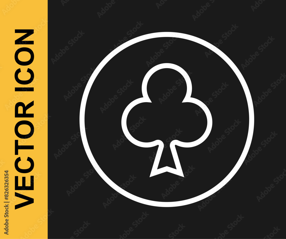 White line Playing card with clubs symbol icon isolated on black background. Casino gambling. Vector White line Playing card with clubs symbol icon isolated on black background. Casino gambling. Vector
