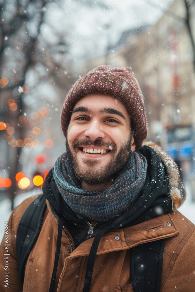 A smiling man wearing a brown jacket and scarf. Suitable for fashion or winter-themed designs A smiling man wearing a brown jacket and scarf. Suitable for fashion or winter-themed designs