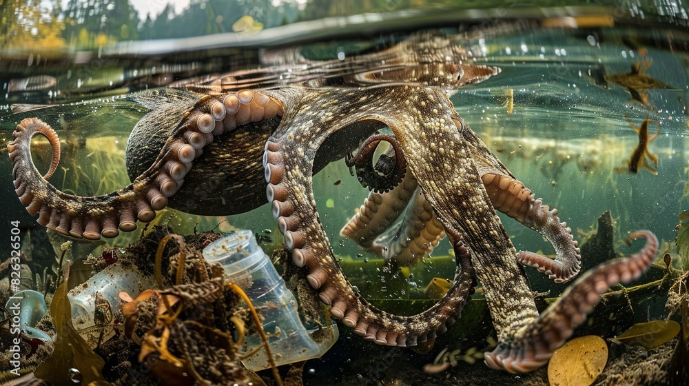 Obraz premium An image of an underwater world with octopuses and various marine creatures swimming and resting on the ocean floor