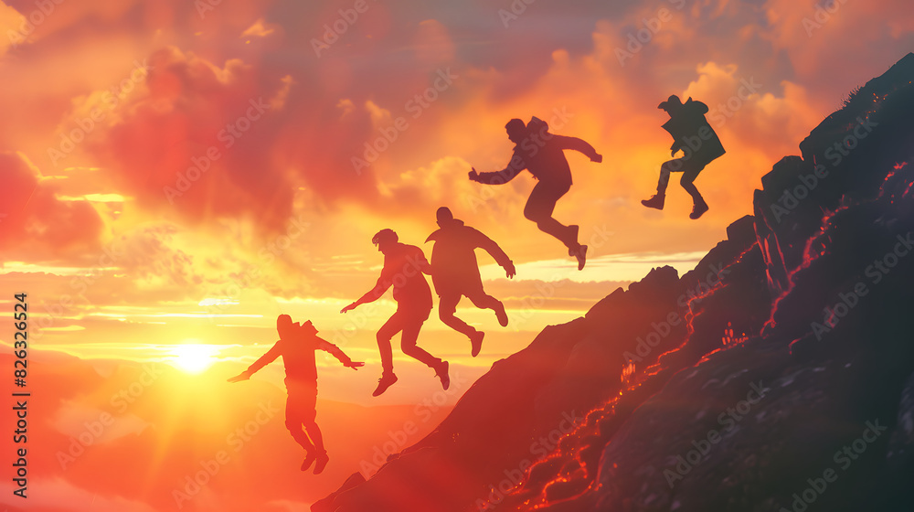 Fototapeta premium silhouette of a persons jumping on the top of mountain in the sunset