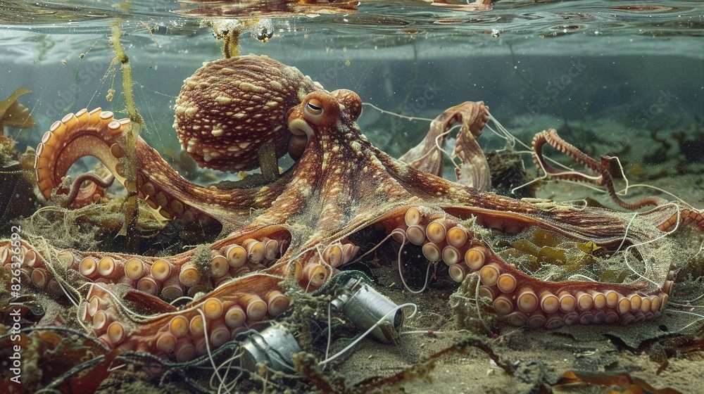 Obraz premium Octopus in ocean with seaweed at bottom