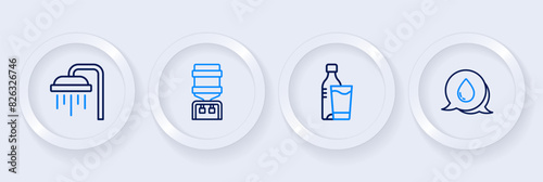 Set line Water drop with speech bubbles, Bottle of water glass, cooler and Shower icon. Vector