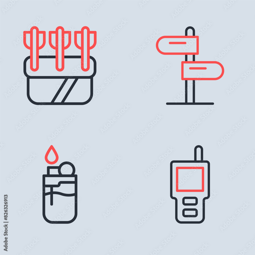 Set line Road traffic sign, Lighter, Walkie talkie and Quiver with arrows icon. Vector Set line Road traffic sign, Lighter, Walkie talkie and Quiver with arrows icon. Vector