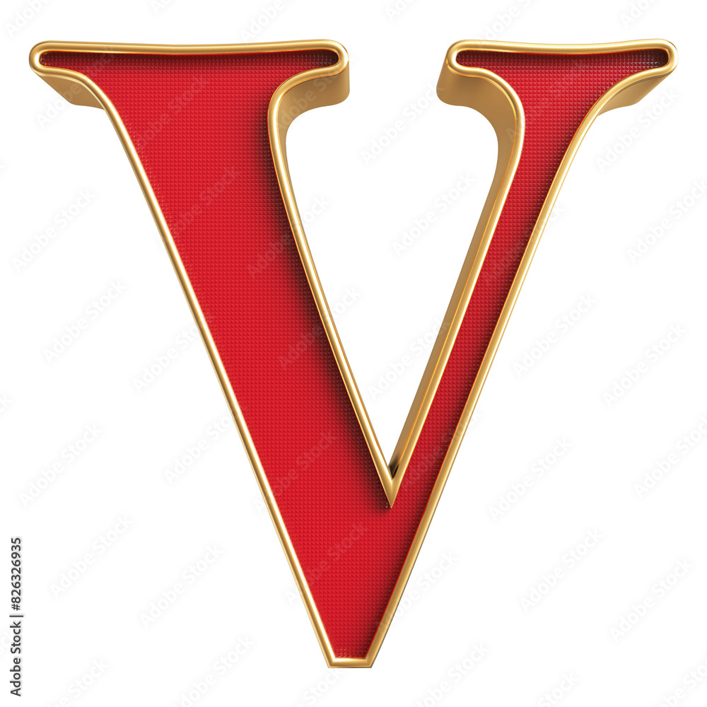 Letter V uppercase . 3D render red letter with golden outline