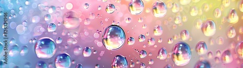 Water droplets on glass, macro photo, pastel rainbow colors, gradient background