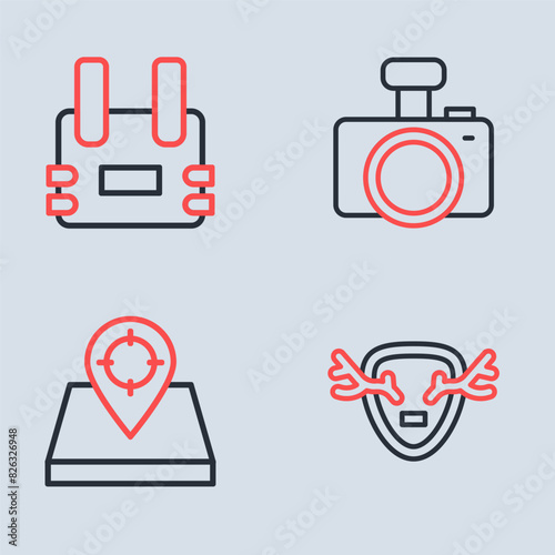 Set line Photo camera, Hunt place, Deer antlers on shield and Bulletproof vest icon. Vector