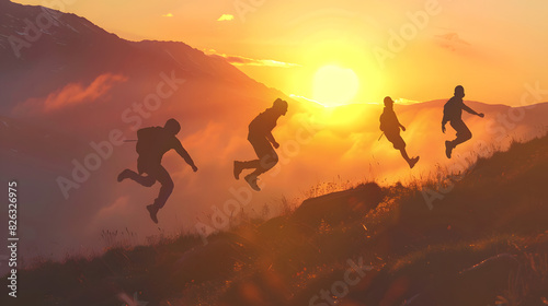 silhouette of a persons jumping on the top of mountain in the sunset
