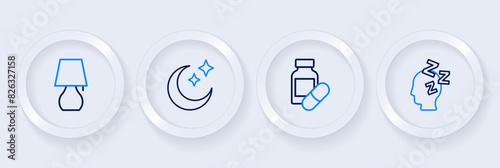 Set line Dreams, Sleeping pill, Moon and stars and Table lamp icon. Vector