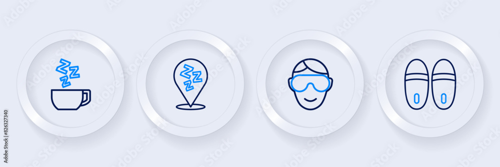 Set line Slippers, Eye sleep mask, Sleepy and Chamomile tea icon. Vector Set line Slippers, Eye sleep mask, Sleepy and Chamomile tea icon. Vector