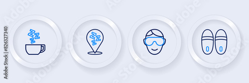 Set line Slippers, Eye sleep mask, Sleepy and Chamomile tea icon. Vector