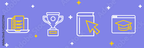 Set line Online education, book, Award cup and quiz, test, survey icon. Vector