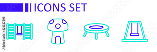Set line Swing for kids, Jumping trampoline, Mushroom house and Swedish wall icon. Vector